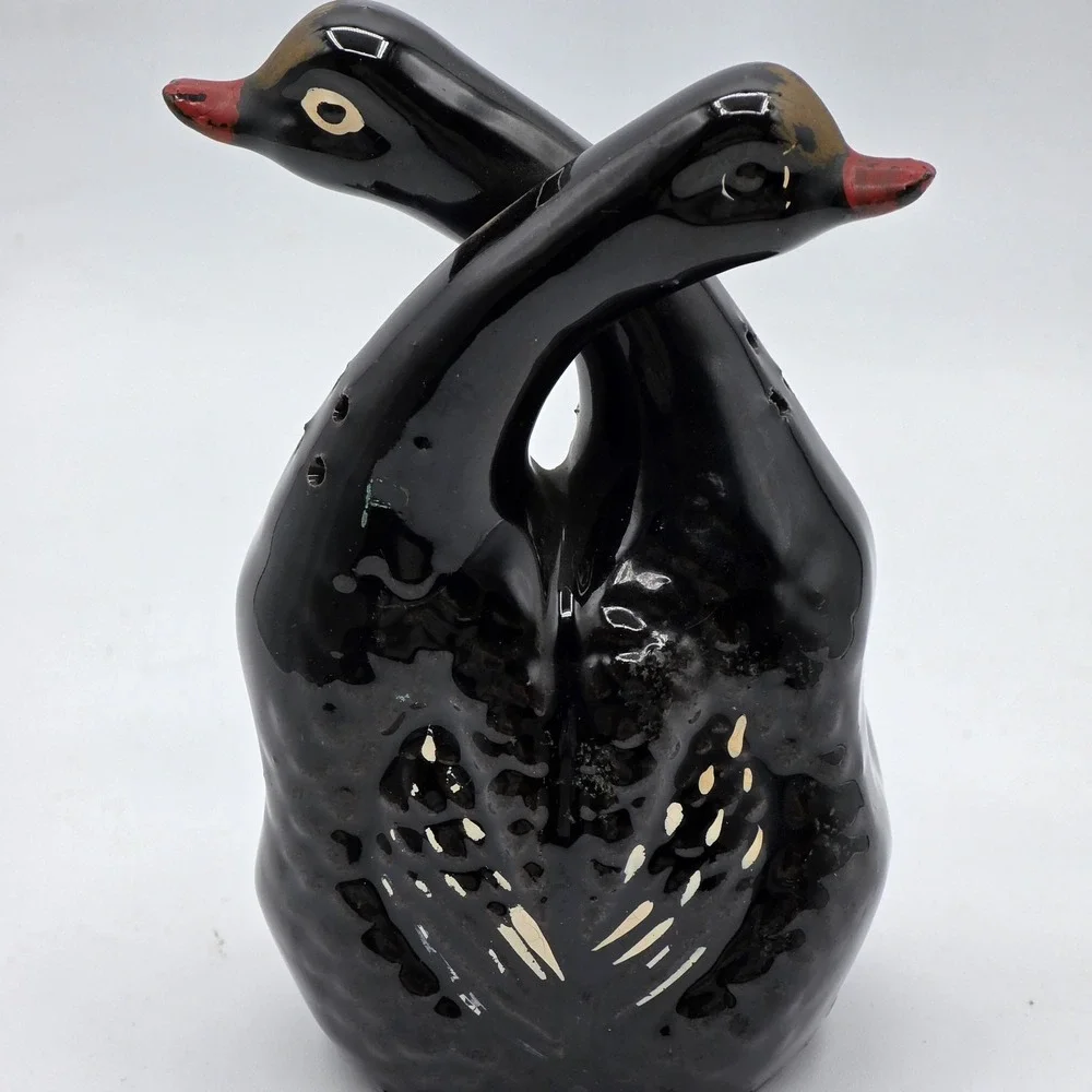 Black‎ Swan Double Salt Pepper Shaker Ceramic Figural Hand Painted with Corks
